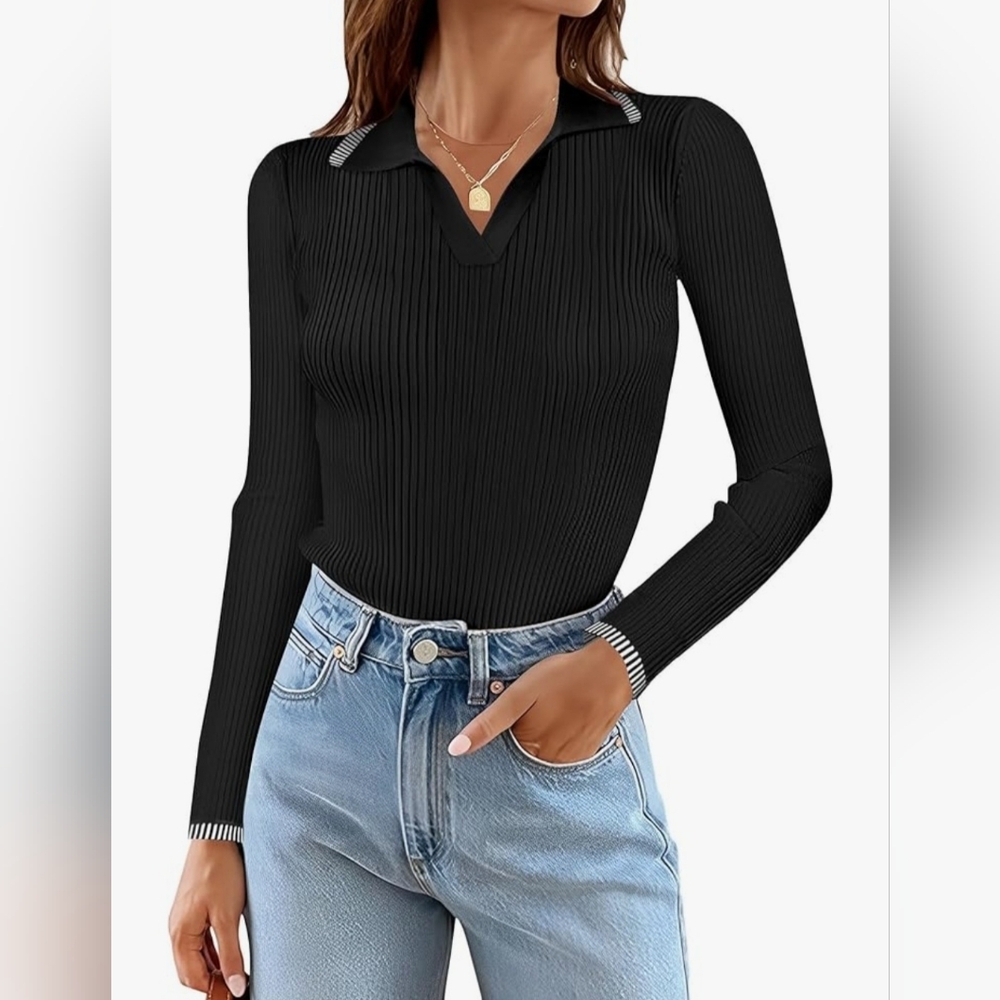Black Long Sleeve Sweater with Striped Accents Office Wear Ribbed